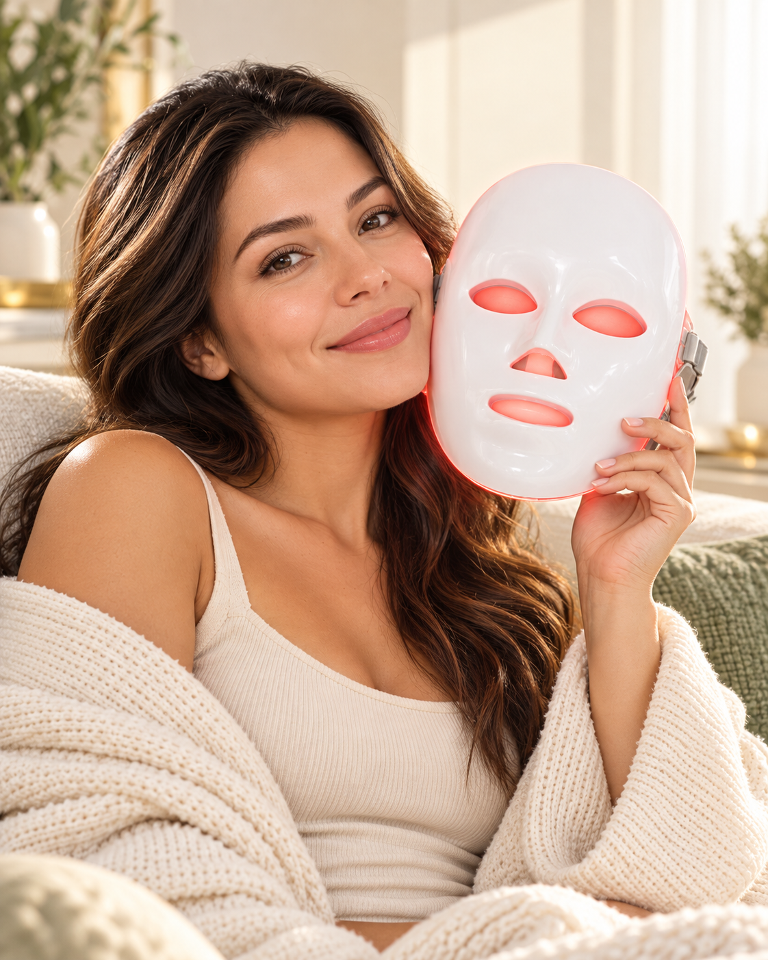 Mujer sonriente sosteniendo la mascarilla GlowMask