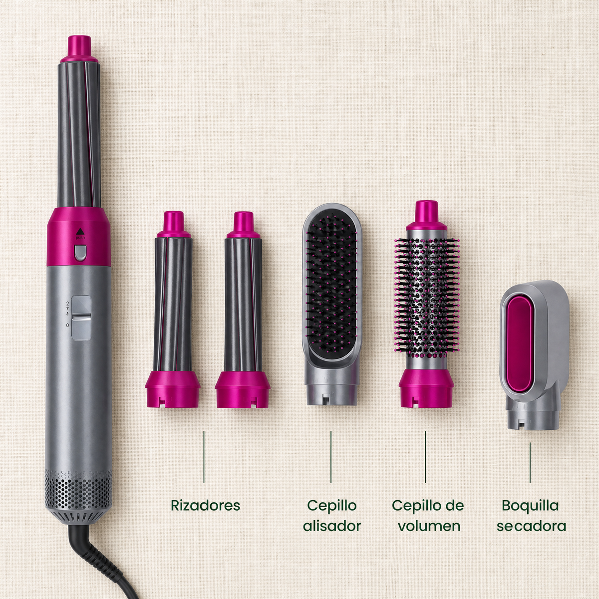 Accesorios del AirStyle 5: rizadores, cepillo alisador, cepillo de volumen y boquilla