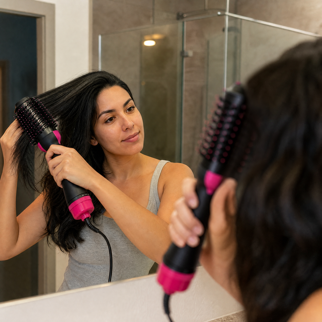 Mujer secando y peinando su cabello con SmoothDry